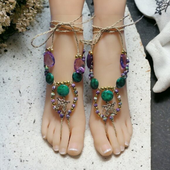 Butterfly Green & Purple Gemstone Barefoot Sandals. Handmade foot jewelry. - Picture 5 of 6